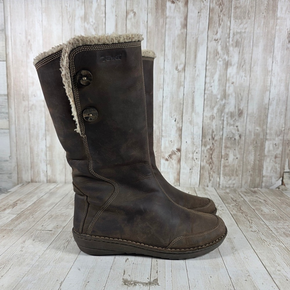 Teva Women Brown Leather Faux‎ Shearling Lined Tall Winter Boots Size 8